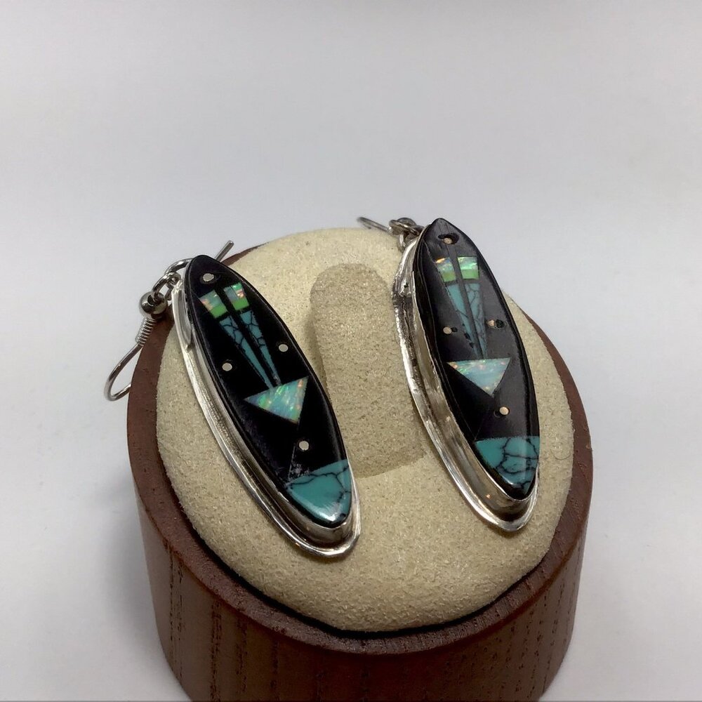 Sterling Silver Native American Multi Stone Inlay Earrings 2” - Picture 3 of 11